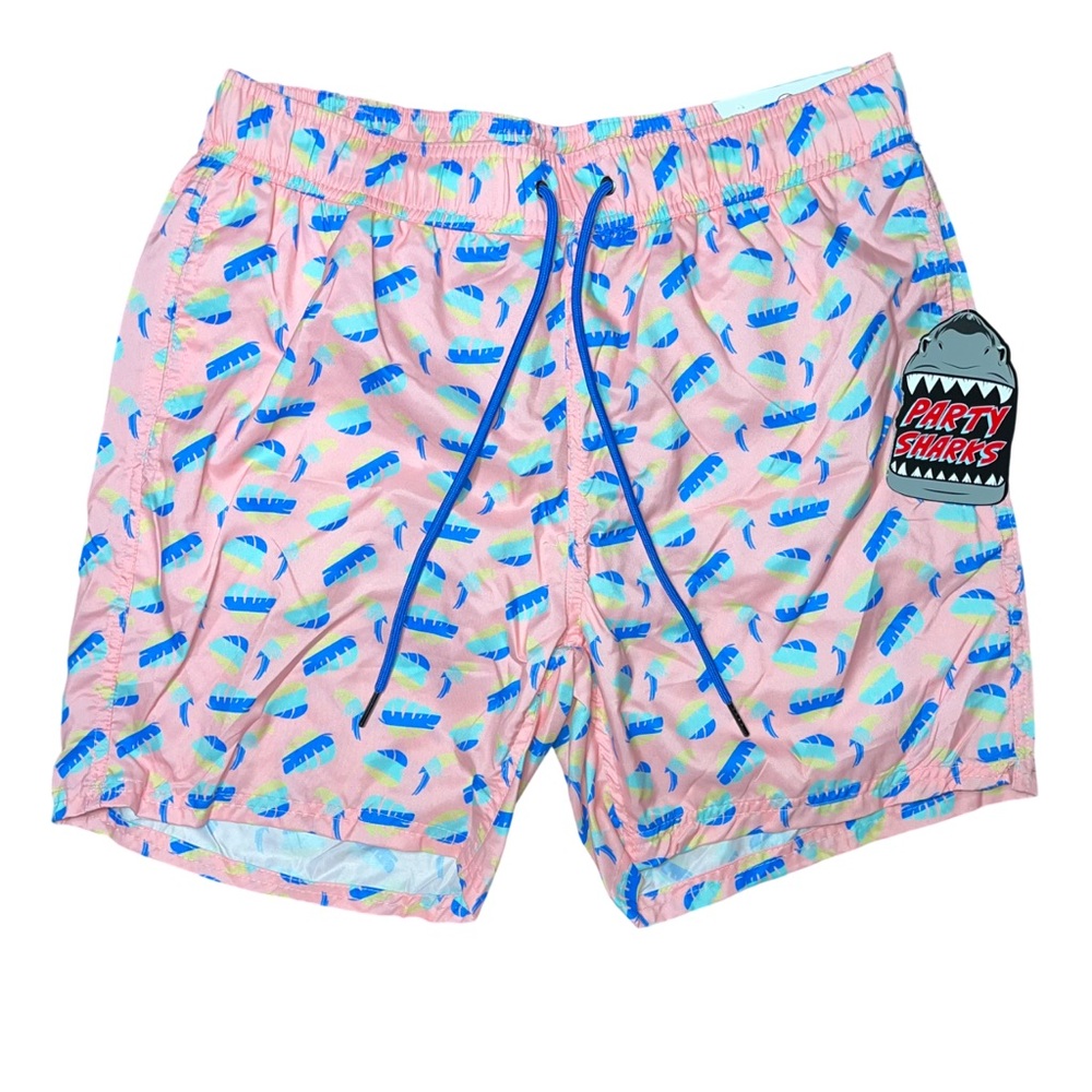 Party Sharks Pink Blue Palm Swim Shorts Trunks Men’s Large NWT Lined Mesh